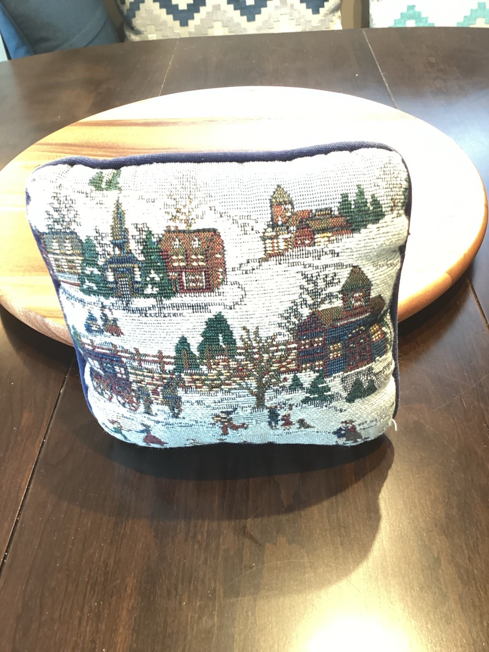 Christmas Tapestry Accent Pillow with Vintage Ice Skating Scene